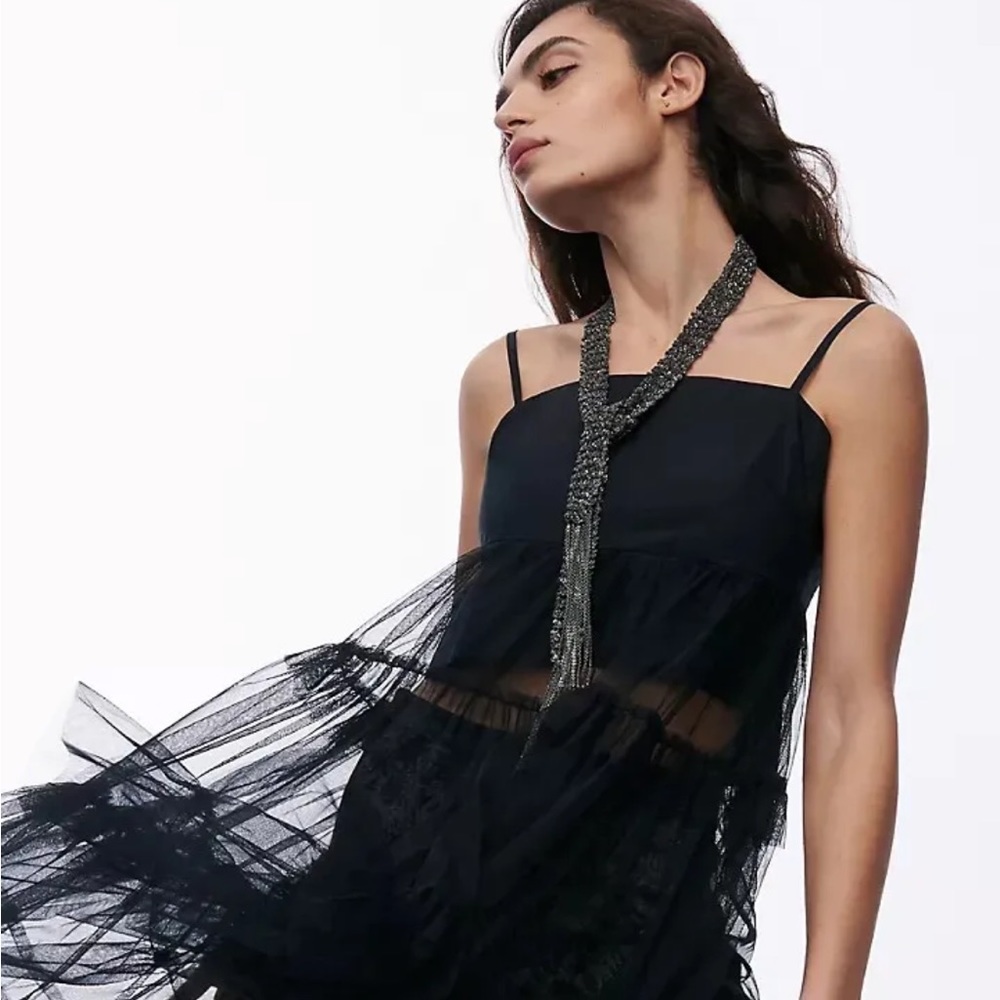 Anthropologie Tiered Tulle Blouse Tank Top S Black